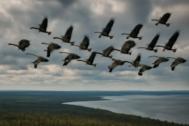 Bernaches du Canada en migration au-dessus de la Baie James au printemps