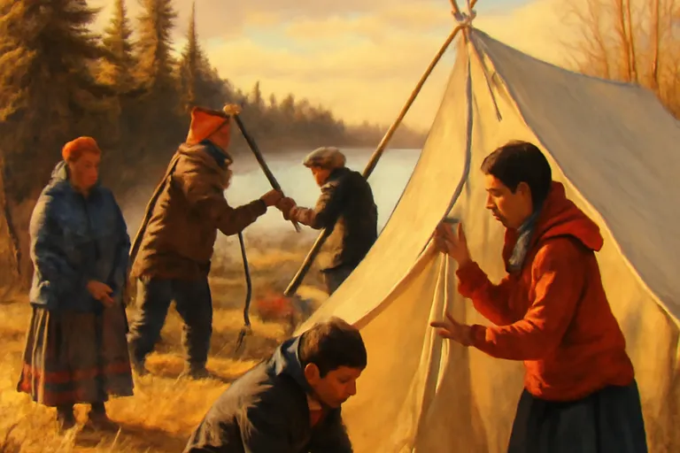 Famille crie installant un camp de chasse printanier au bord d'un lac en Eeyou Istchee