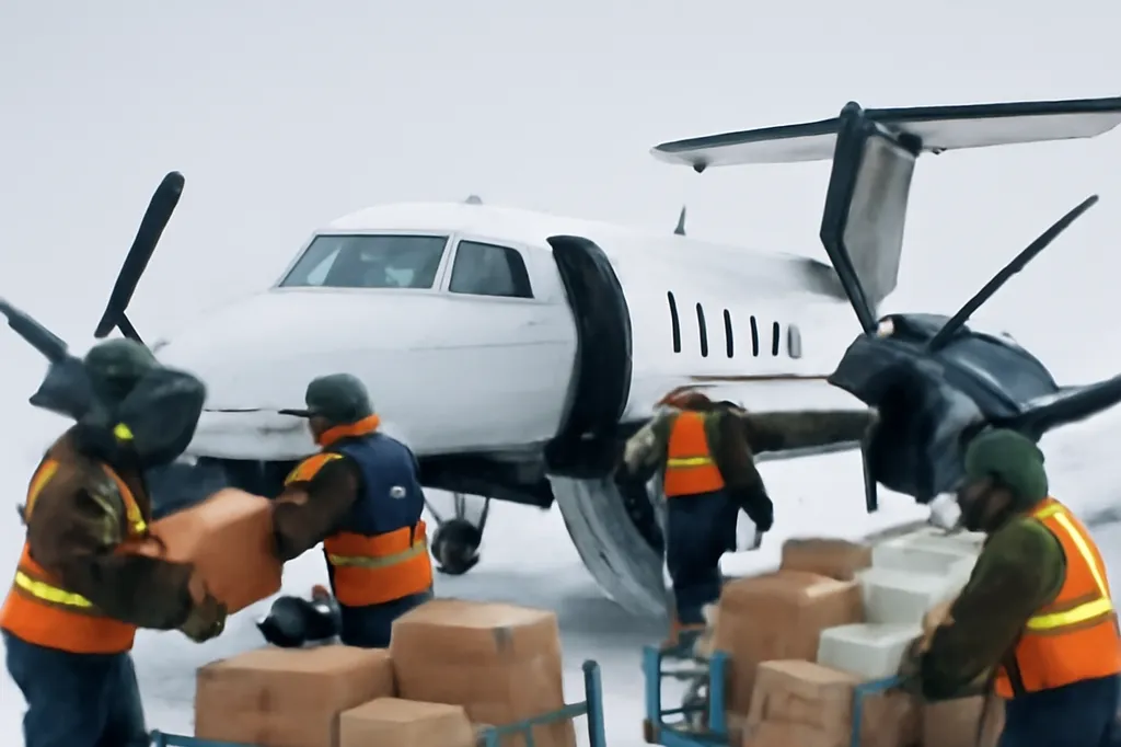Équipe au sol chargeant des marchandises dans un avion cargo régional sur une piste enneigée
