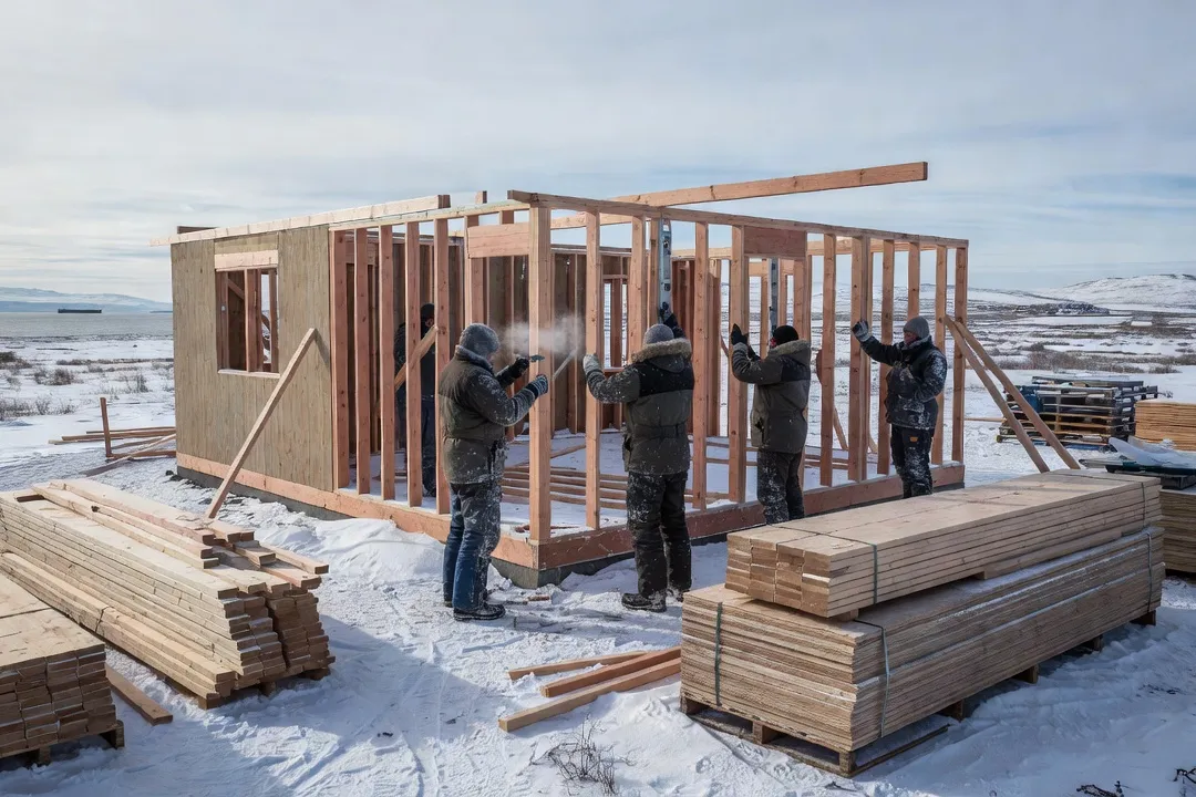 Chantier de construction de logement au Nunavik avec matériaux livrés par cargo