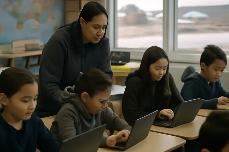 Élèves inuit travaillant sur des ordinateurs portables dans une école du Nunavik