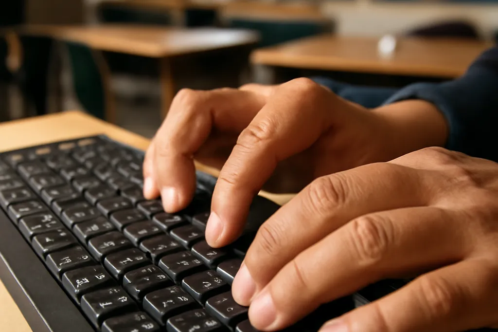 Mains tapant sur un clavier d'ordinateur avec des caractères syllabiques inuktitut
