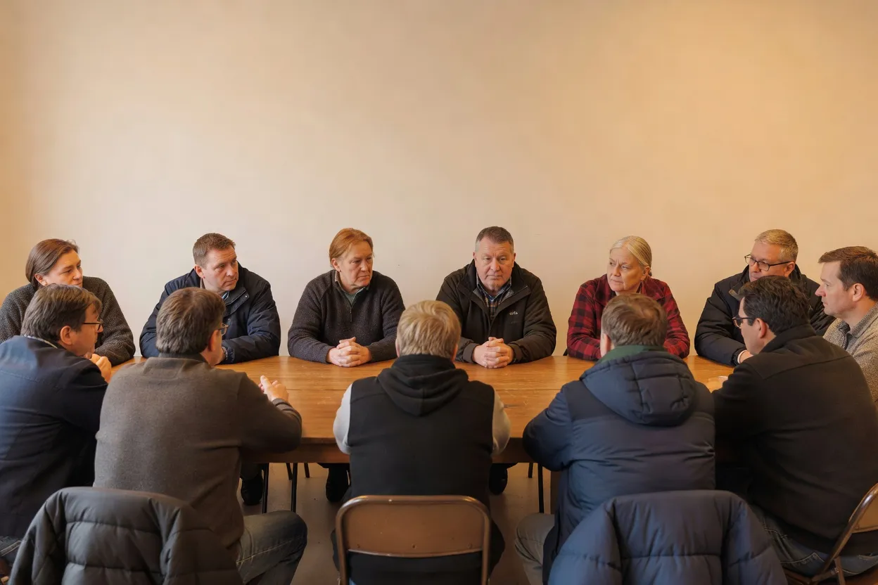 Réunion de consultation citoyenne municipale dans une salle communautaire nordique