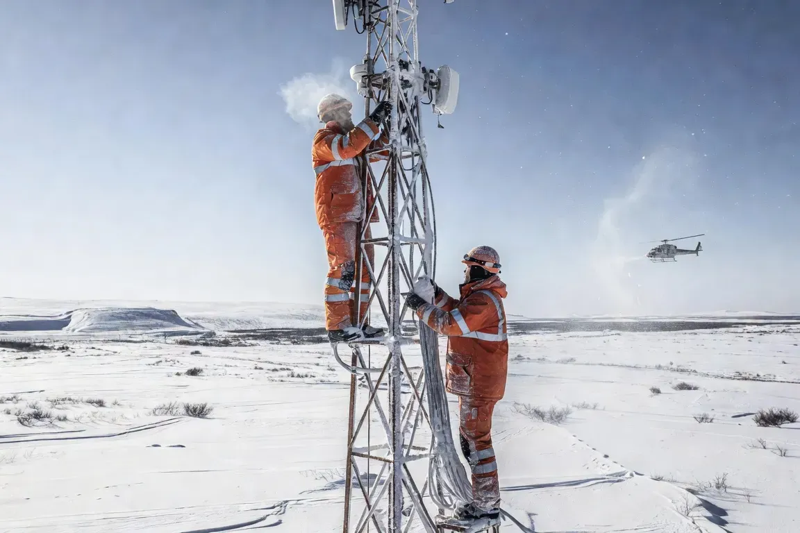Techniciens installant une antenne de télécommunications dans la toundra enneigée