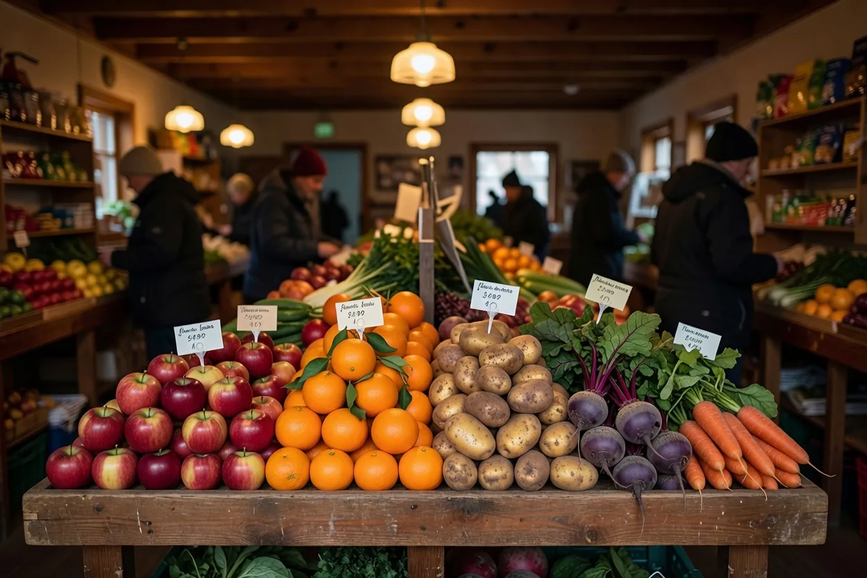 Rayon de fruits et légumes frais dans une épicerie coopérative nordique