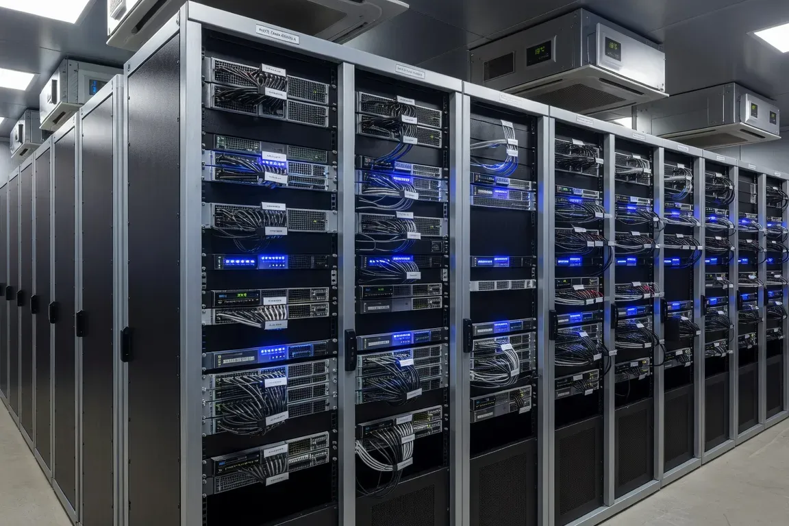 Intérieur d'un abri technique abritant des serveurs et équipements télécom en environnement arctique