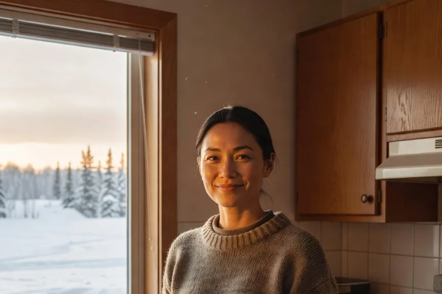 Femme inuite dans la cuisine d'un logement communautaire au Nunavik