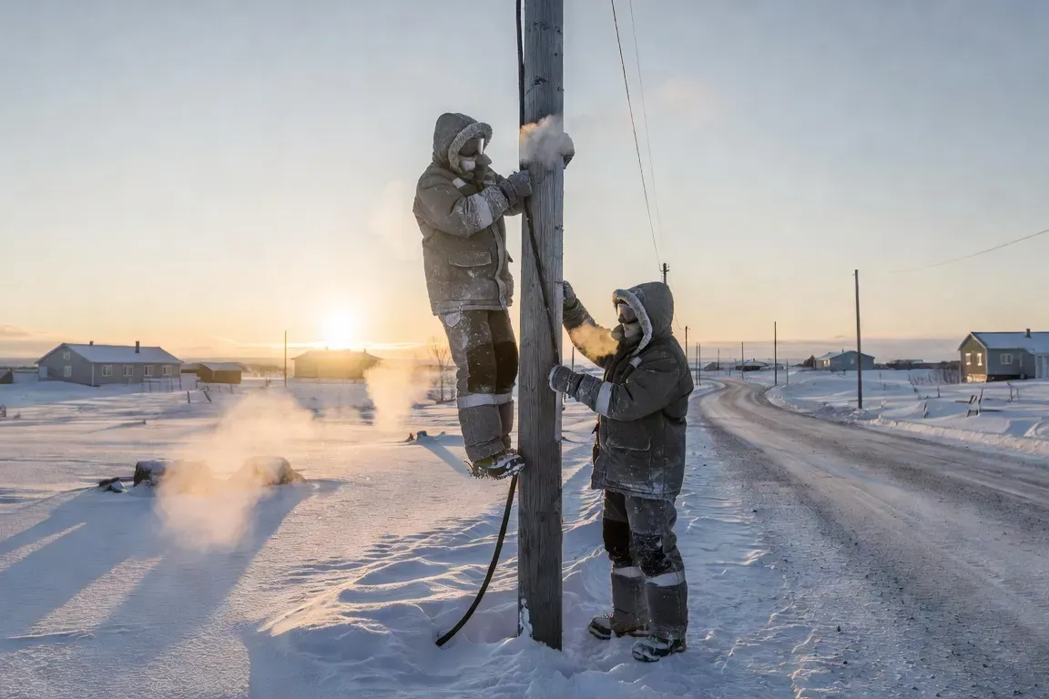 Techniciens tirant un câble fibre optique le long d'un poteau dans un village du Nunavik