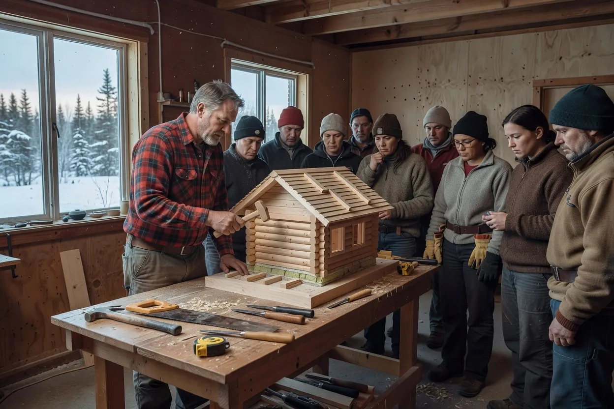 Atelier de formation professionnelle en construction adaptée au climat nordique, avec un groupe d'apprenants adultes