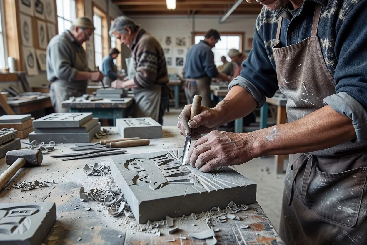 Gravure inuit en cours de réalisation dans un atelier coopératif