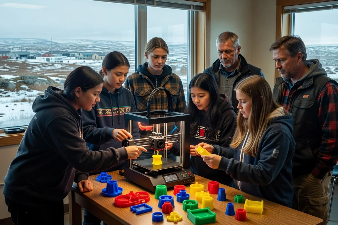 Élèves autochtones du secondaire autour d'une imprimante 3D dans une salle de technologie d'une école nordique