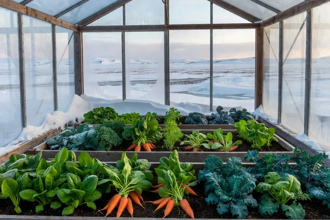 Serre communautaire avec légumes frais cultivés au Nunavik malgré la neige environnante