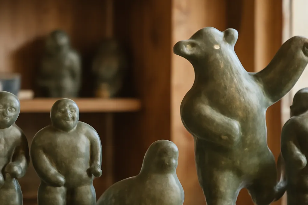 Sculptures inuites finies exposées dans une galerie coopérative