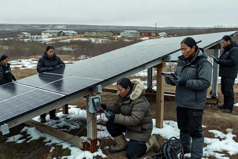 Rangée de panneaux solaires installés près d’un village côtier du Nunavik en été