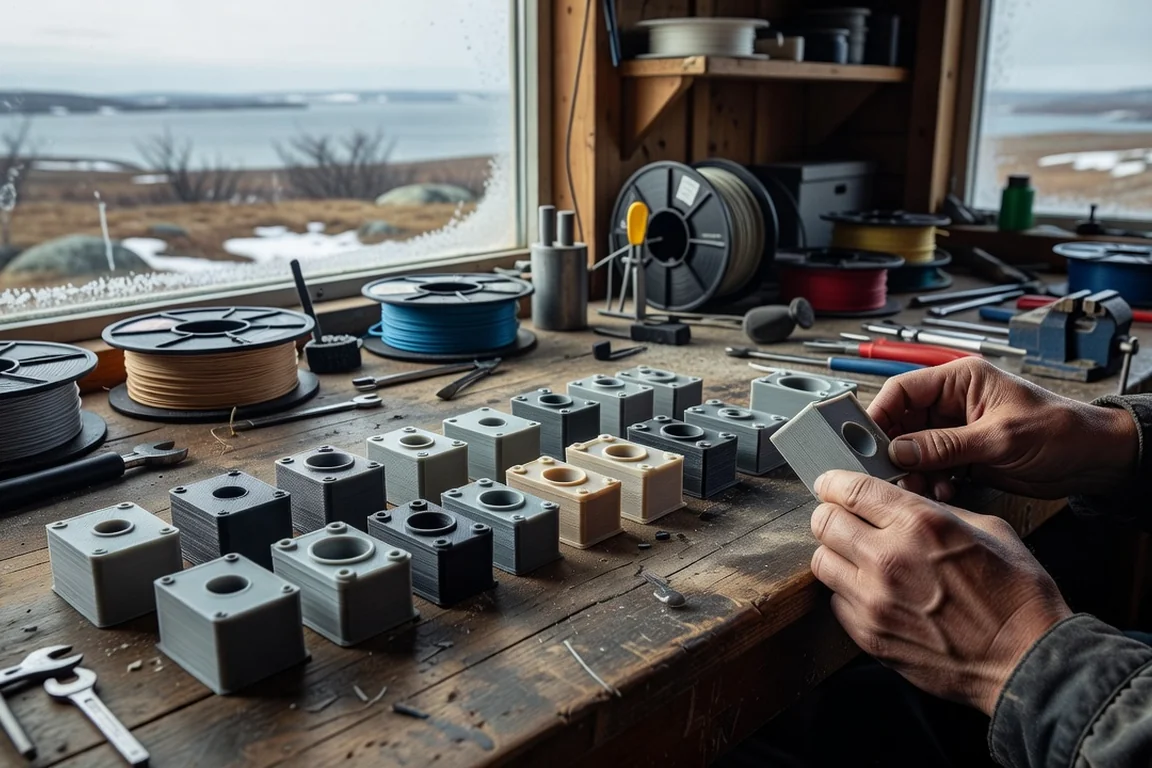 Pièces plastiques imprimées en 3D alignées sur l'établi d'un atelier nordique, bobines de filament en arrière-plan