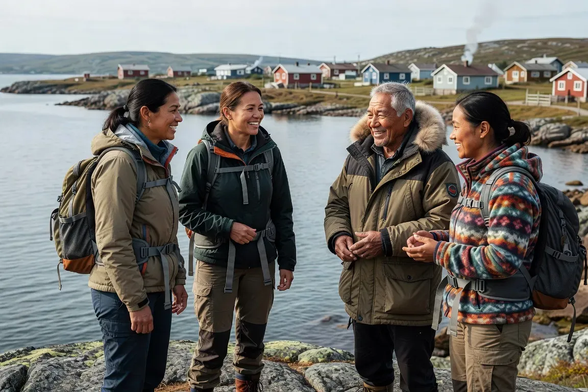 Petit groupe de voyageurs en échange culturel respectueux avec membres d'une communauté Inuit