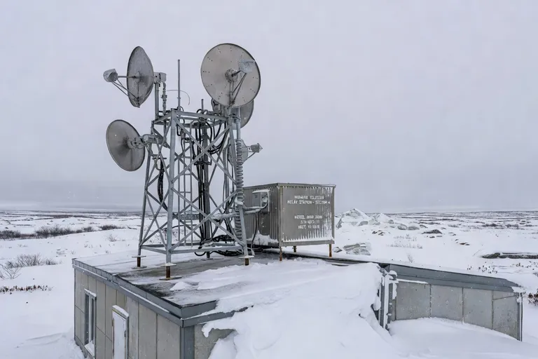 Équipement réseau micro-ondes sur le toit d'un bâtiment nordique au Nunavik en hiver