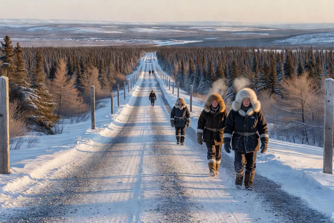 Route de gravier droite à travers la forêt boréale enneigée de la Baie-James, bordée de poteaux kilométriques