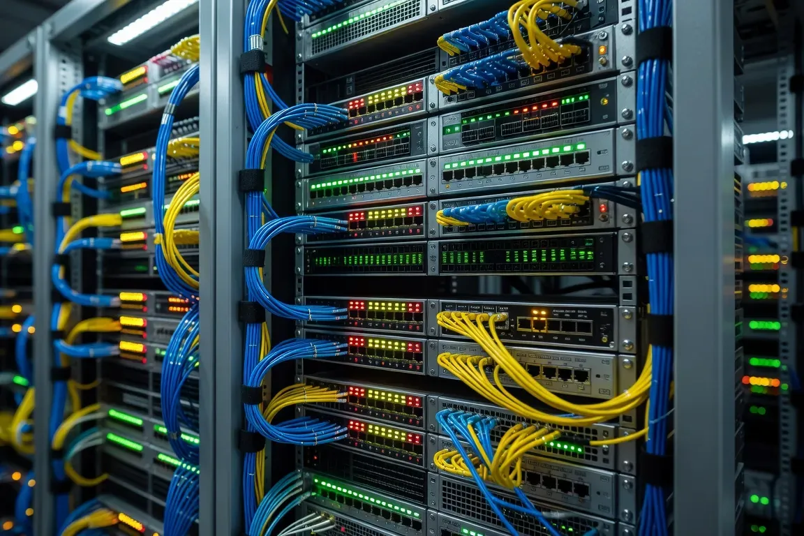 Gros plan sur un rack de serveurs avec câblage fibre optique soigné