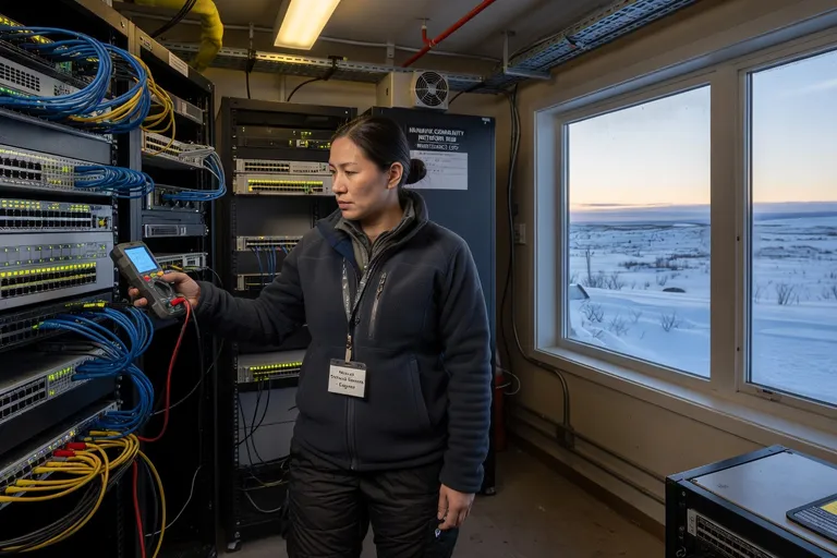Ingénieure inuite devant un rack serveur dans un local technique nordique