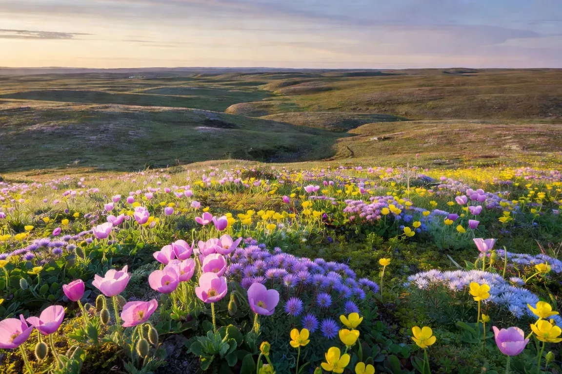 Toundra arctique du Nunavik en été avec fleurs sauvages et soleil de minuit