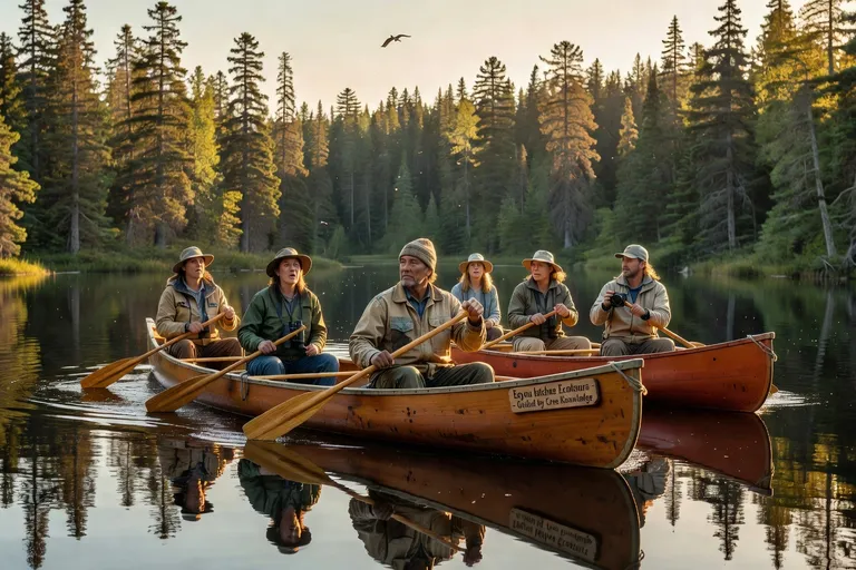 Groupe de visiteurs et guide cri en canot sur un lac boréal d'Eeyou Istchee