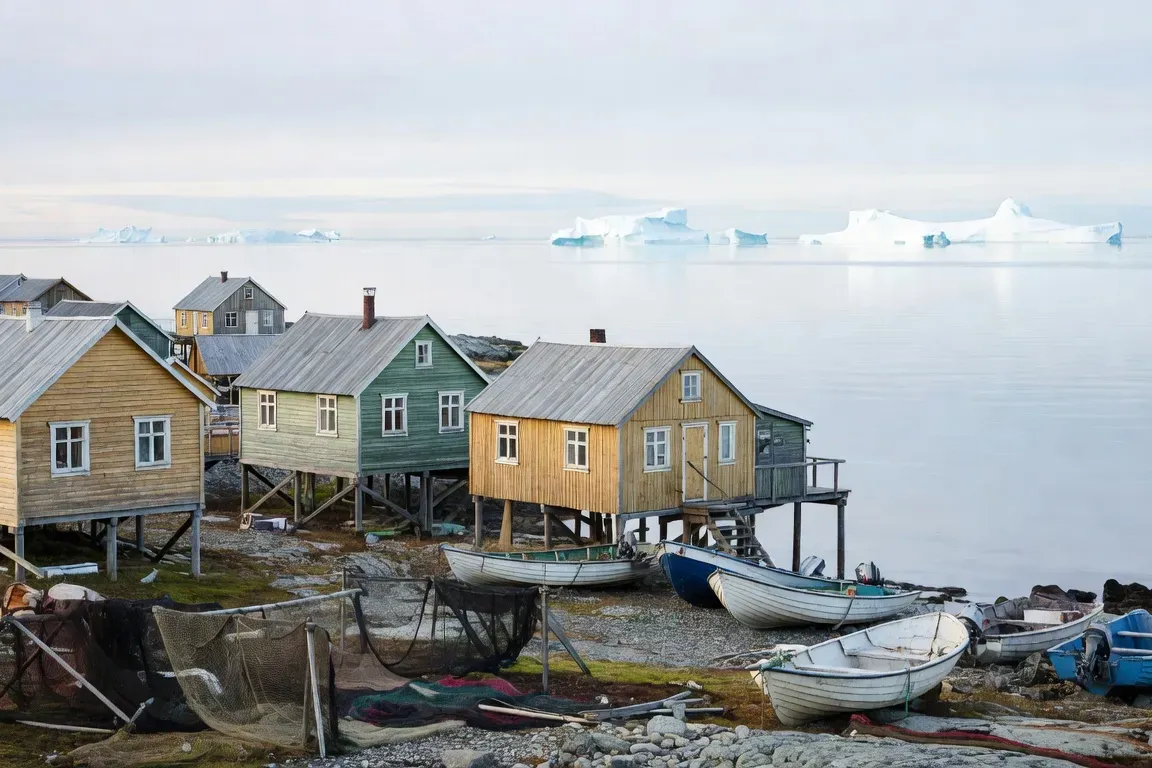 Village côtier traditionnel du Nunavik en été avec maisons sur pilotis