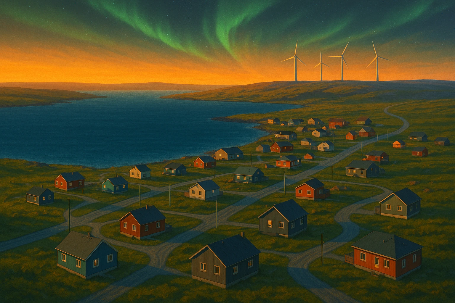 Vue sur un village côtier du Nunavik avec des infrastructures connectées et des éoliennes au loin