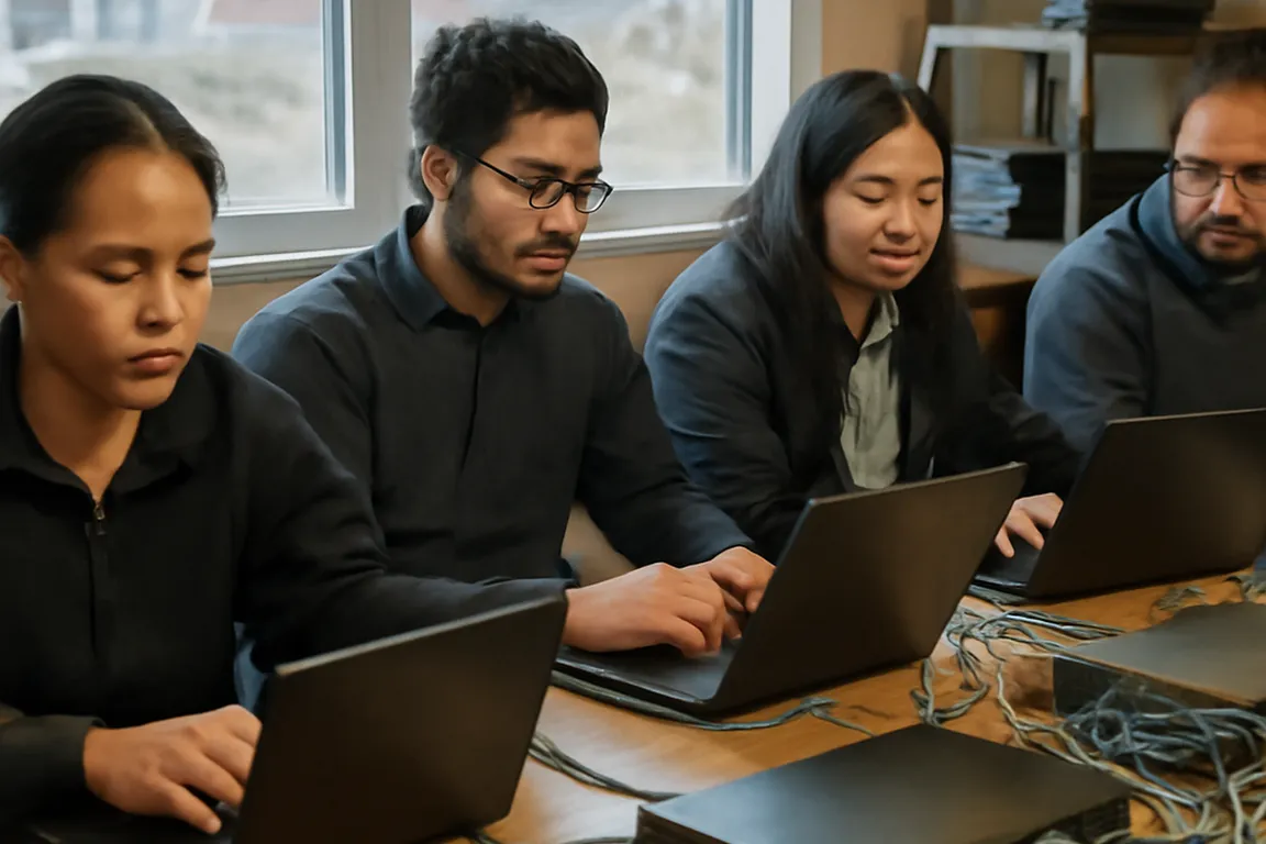 Technicien informatique installant des équipements réseau dans un bâtiment du Grand Nord québécois
