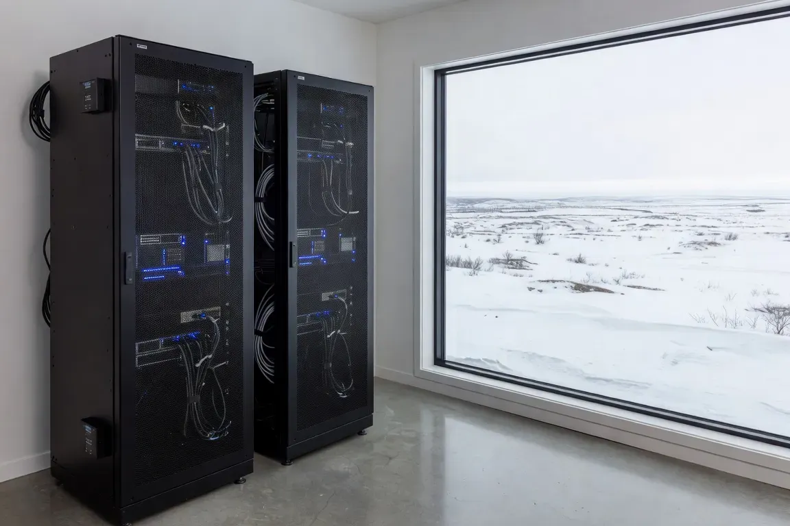Salle serveur compacte dans un bâtiment municipal du Nunavik avec racks et toundra visible