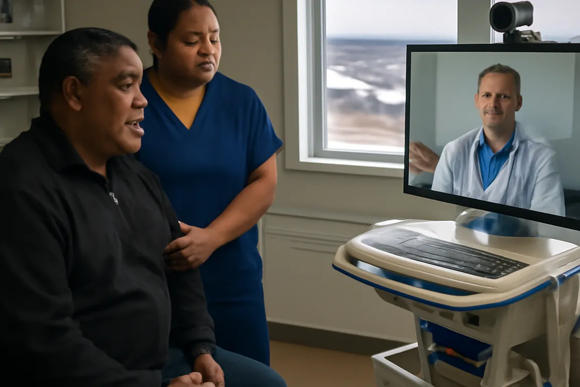 Consultation de télémédecine dans un centre de santé du Nunavik avec écran de visioconférence