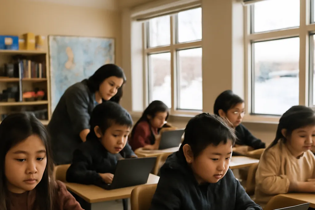 Classe primaire du Nunavik avec des élèves inuits utilisant des ordinateurs portables