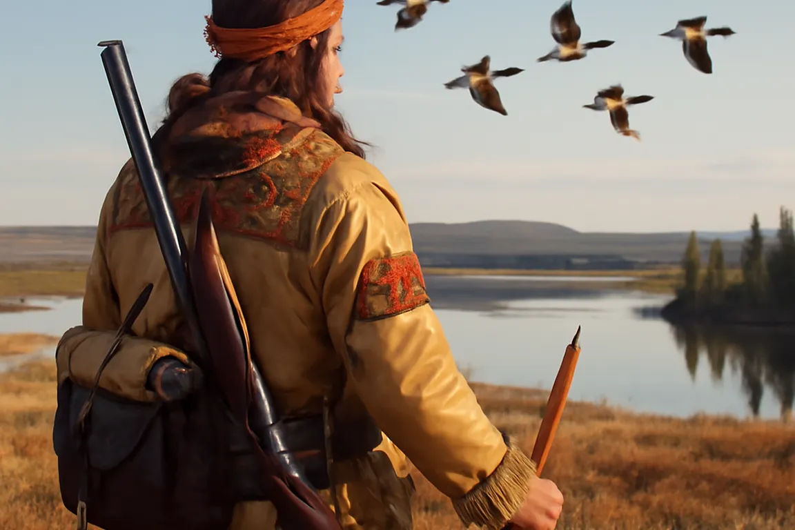 Chasseur cri dans la toundra printanière d'Eeyou Istchee avec des bernaches du Canada en vol