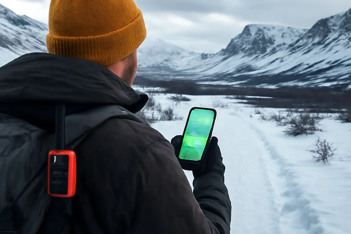Main tenant un téléphone avec dispositif satellite personnel en contexte arctique