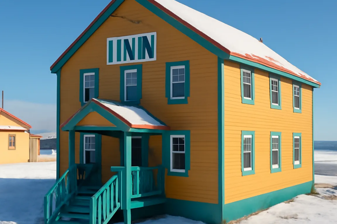 Bâtiment d'hébergement nordique dans un village côtier du Nunavik sur la Baie d'Hudson