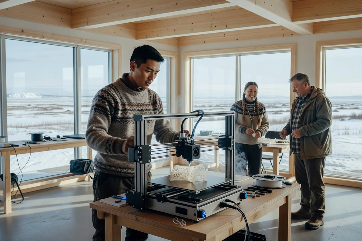 Atelier communautaire nordique avec imprimante 3D en fonctionnement et toundra enneigée par la fenêtre