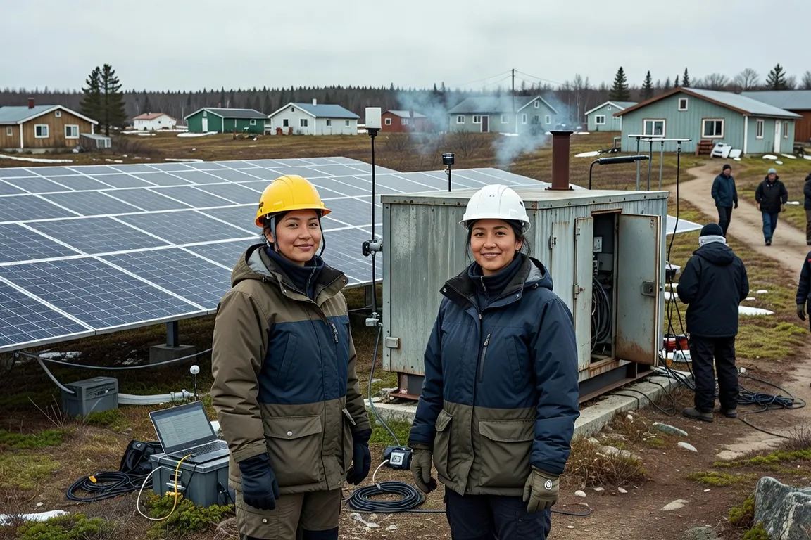 Ingénieure en énergie renouvelable devant des panneaux solaires installés dans la toundra arctique