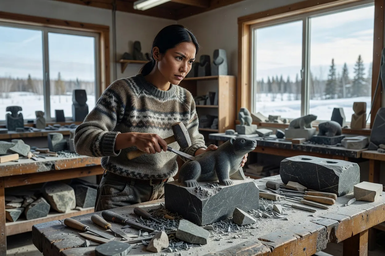 Artiste inuite sculptant la stéatite dans un atelier coopératif au Nunavik