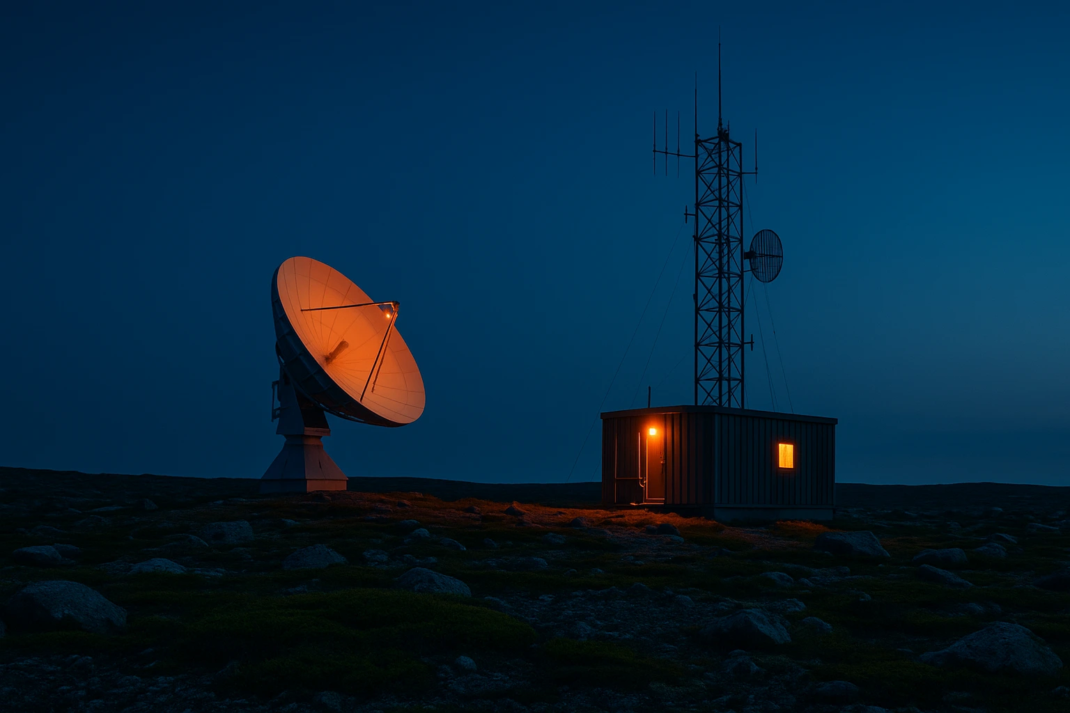 Station de communications d'urgence avec antenne satellite dans la toundra du Nunavik au crépuscule arctique