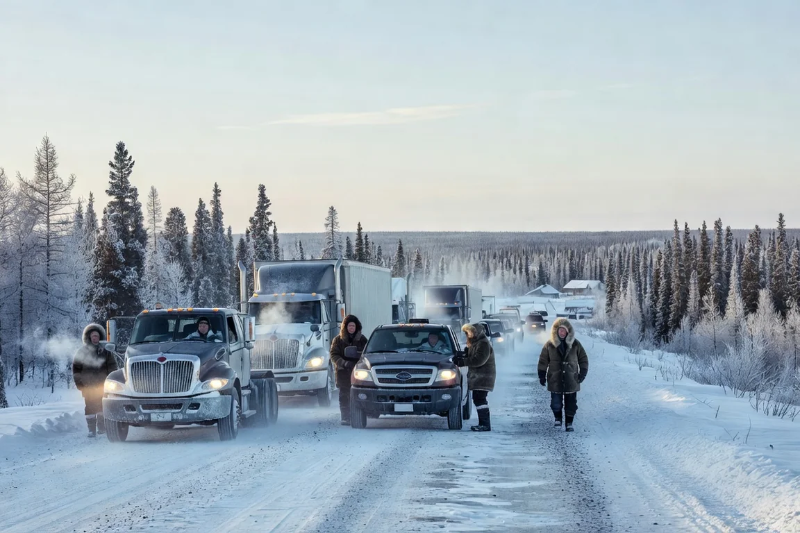 Convoi de camions et de véhicules sur une route enneigée de la Route de la Baie-James, forêt boréale givrée