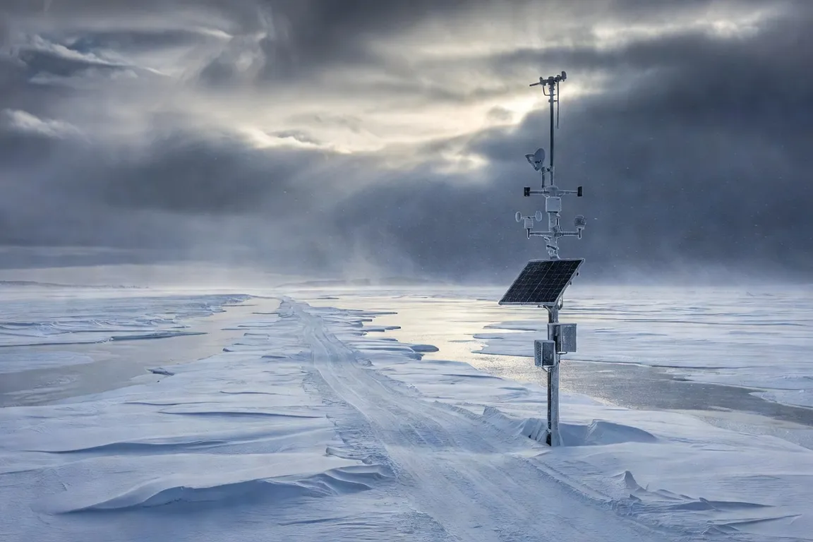 Station meteo automatique sur pylone dans un paysage arctique enneige du Nunavik