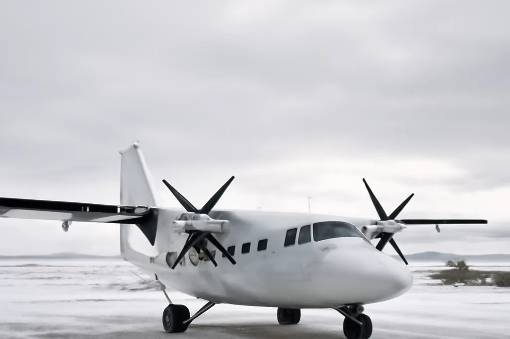 Avion régional à hélices sur une piste enneigée du Nunavik en hiver