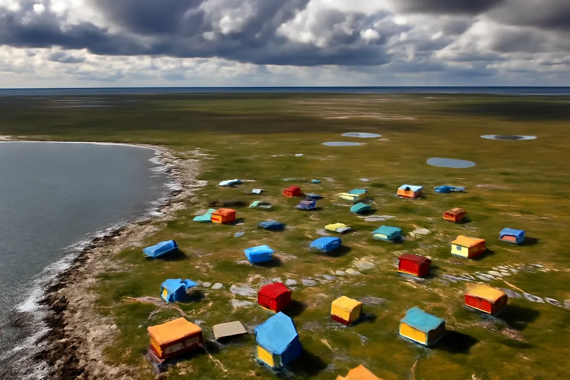 Vue aérienne d'un village inuit isolé sur la côte de la Baie d'Hudson en été arctique